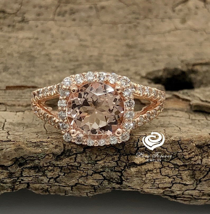 14k Rose Gold Morganite Ring Diamond Ring 8mm Round Cut Morganite Halo Diamond Engagement Ring