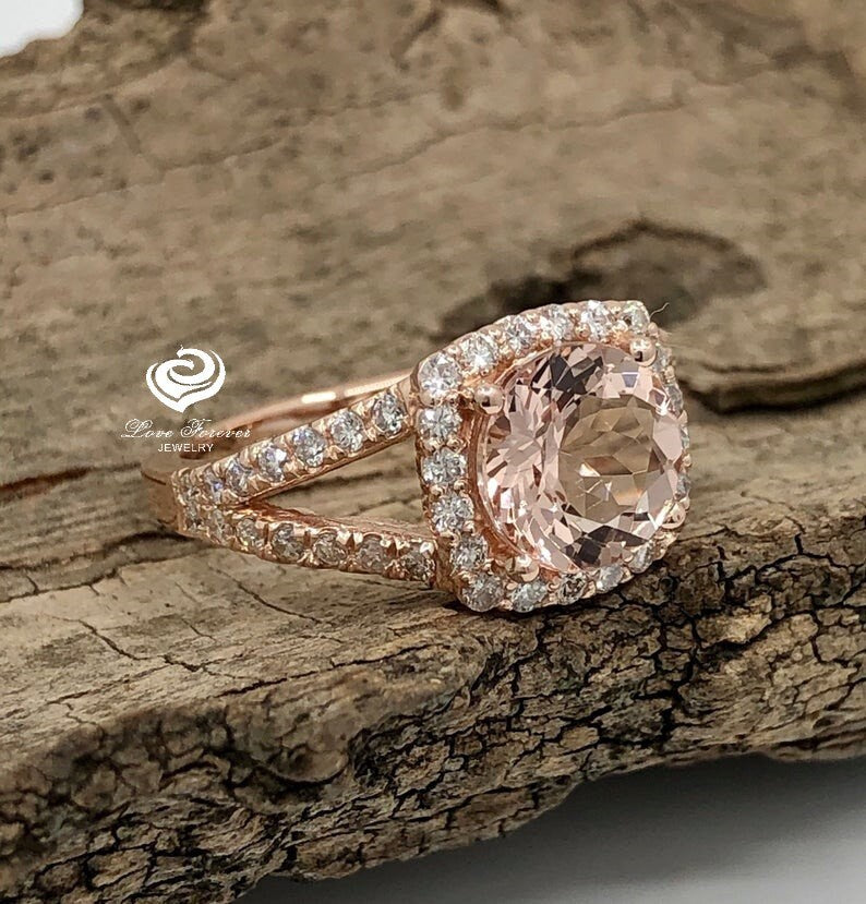 14k Rose Gold Morganite Ring Diamond Ring 8mm Round Cut Morganite Halo Diamond Engagement Ring