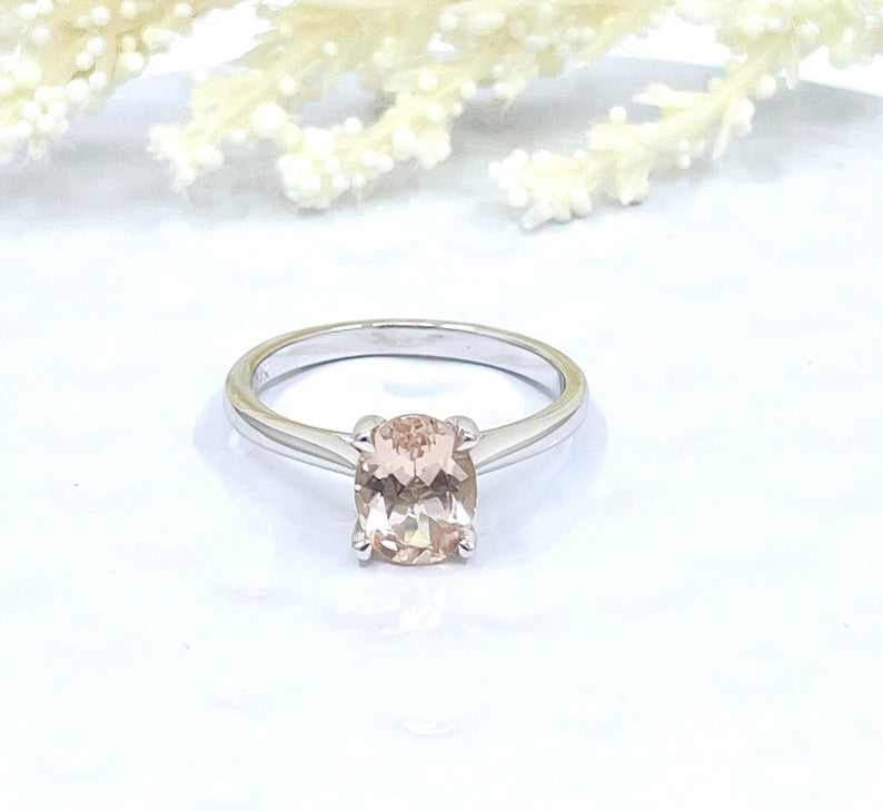 14k White Gold Solitaire Ring Engagement Ring Morganite Ring 8x6mm Oval Cut Morganite Wedding Ring Anniversary Ring