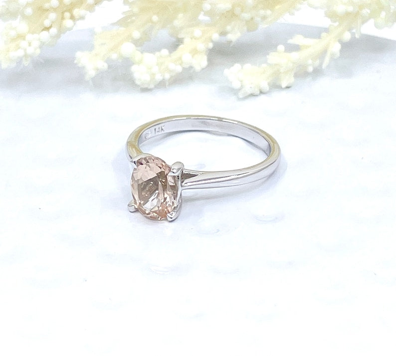 14k White Gold Solitaire Ring Engagement Ring Morganite Ring 8x6mm Oval Cut Morganite Wedding Ring Anniversary Ring