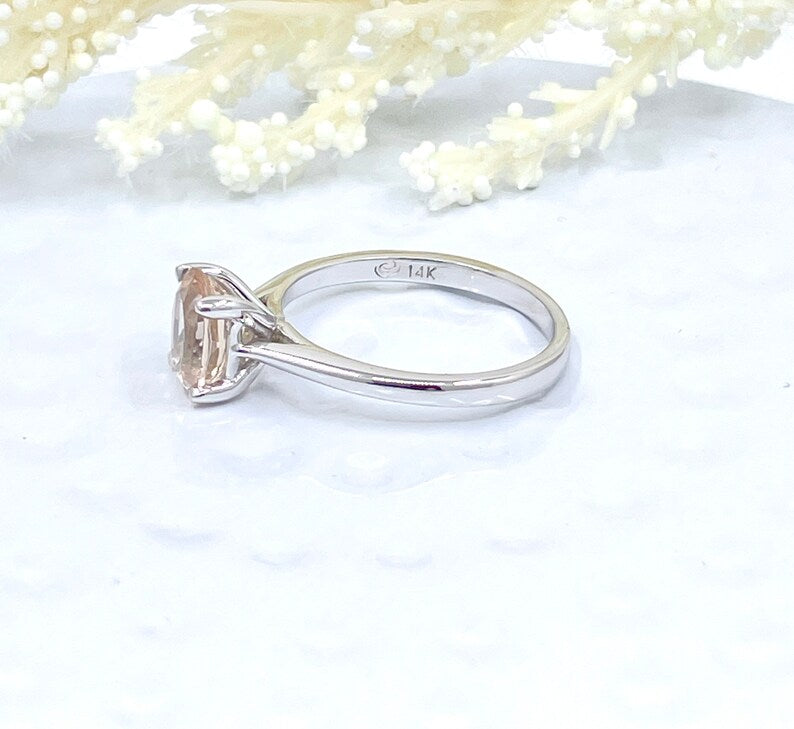 14k White Gold Solitaire Ring Engagement Ring Morganite Ring 8x6mm Oval Cut Morganite Wedding Ring Anniversary Ring