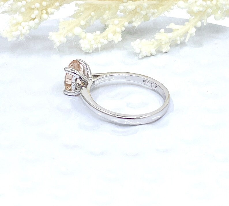 14k White Gold Solitaire Ring Engagement Ring Morganite Ring 8x6mm Oval Cut Morganite Wedding Ring Anniversary Ring