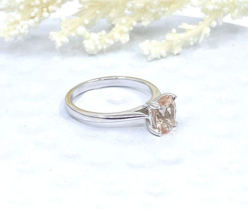 14k White Gold Solitaire Ring Engagement Ring Morganite Ring 8x6mm Oval Cut Morganite Wedding Ring Anniversary Ring