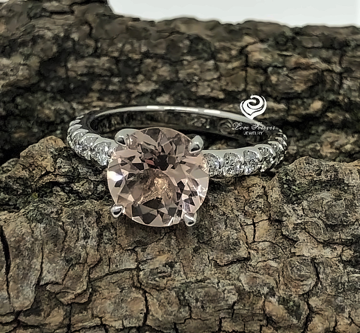 Engagement Ring 14k White Gold Morganite Ring Diamond Ring 8mm/1.70 Carats Round Cut Morganite Diamond Wedding Ring