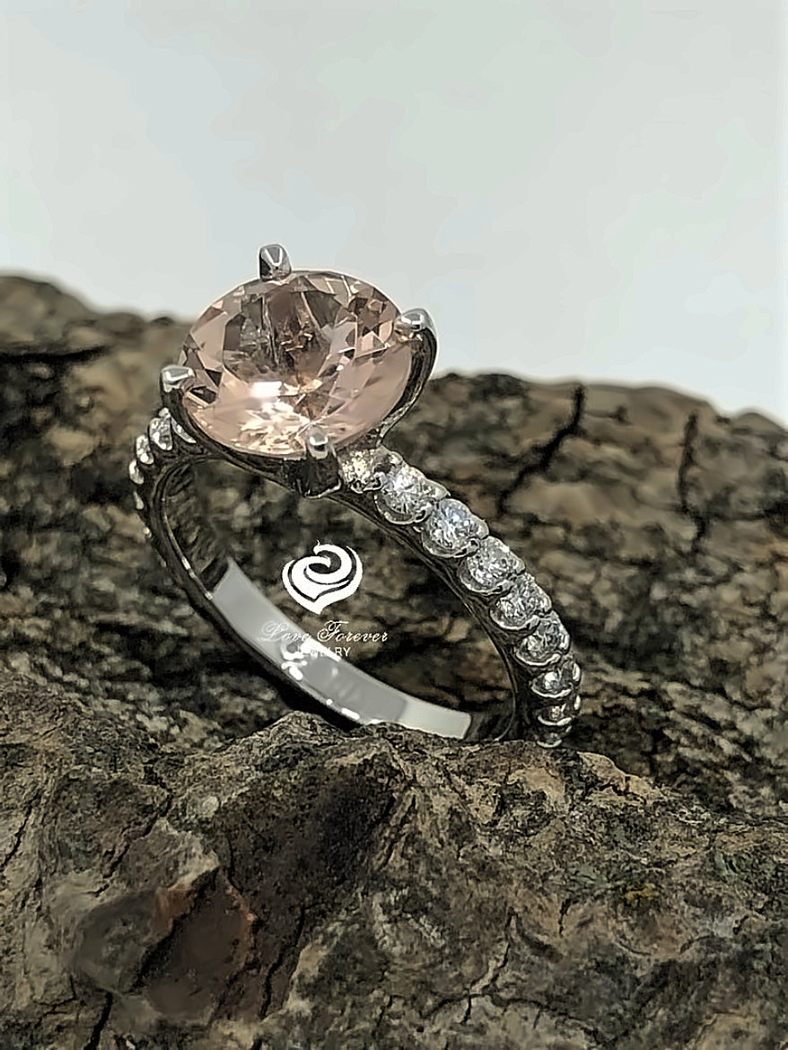 Engagement Ring 14k White Gold Morganite Ring Diamond Ring 8mm/1.70 Carats Round Cut Morganite Diamond Wedding Ring