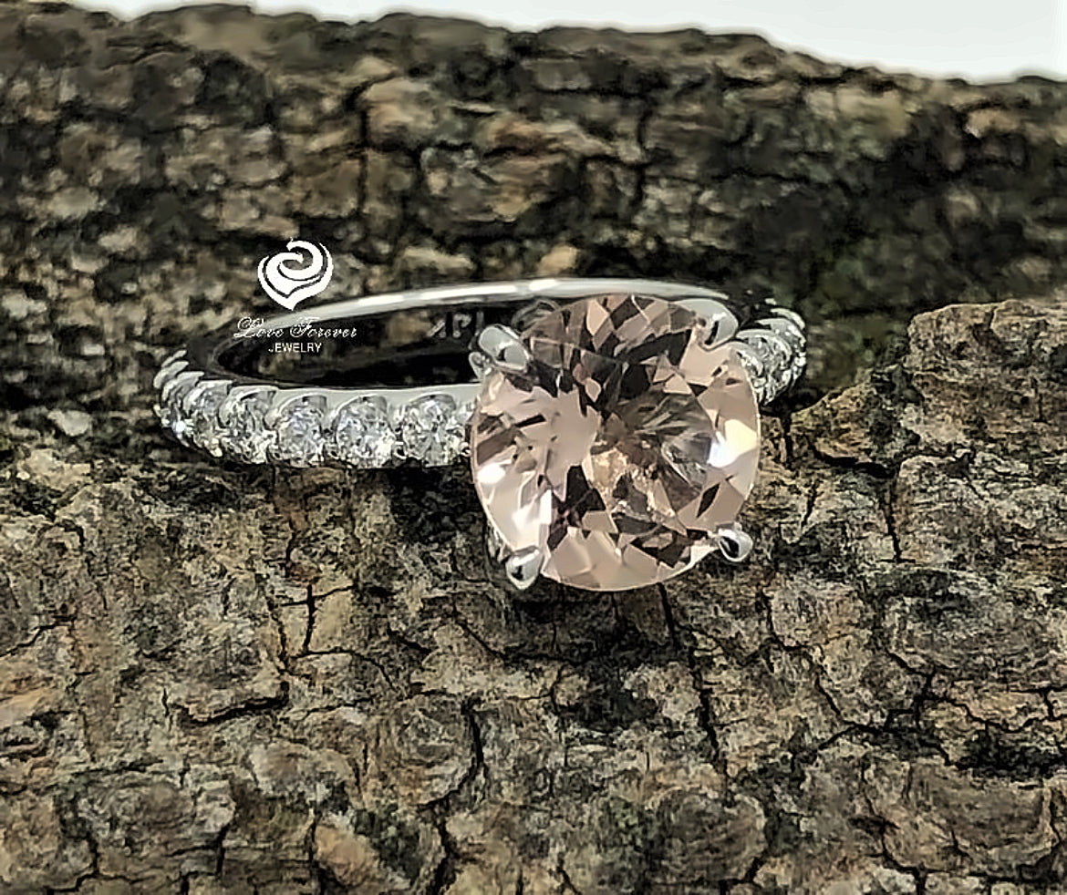 Engagement Ring 14k White Gold Morganite Ring Diamond Ring 8mm/1.70 Carats Round Cut Morganite Diamond Wedding Ring