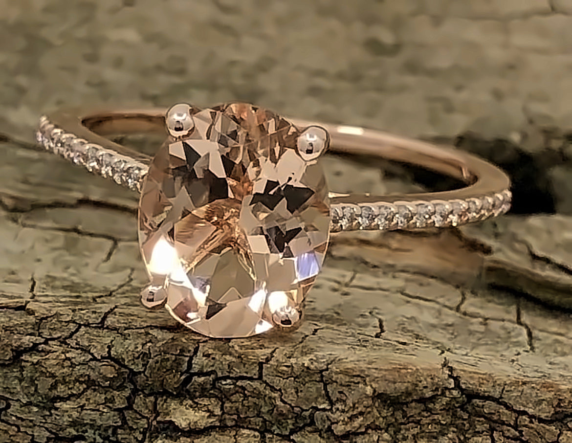 Engagement Ring 14k Rose Gold Diamond Ring 10x8mm/2.15 Carats Oval Cut Morganite Ring Diamond Wedding Ring