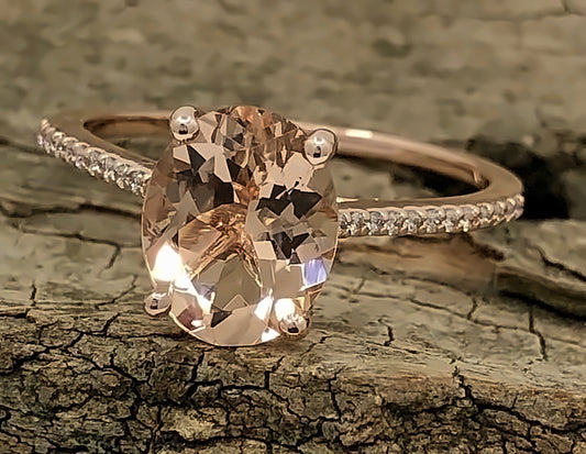 Engagement Ring 14k Rose Gold Diamond Ring 10x8mm/2.15 Carats Oval Cut Morganite Ring Diamond Wedding Ring