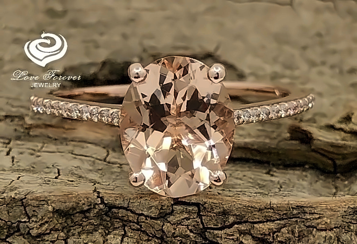 Engagement Ring 14k Rose Gold Diamond Ring 10x8mm/2.15 Carats Oval Cut Morganite Ring Diamond Wedding Ring