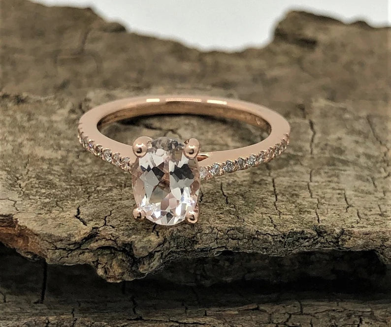 14k Rose Gold Engagement Ring Diamond Ring 7x5mm Oval Cut Morganite Ring Solitaire Ring Wedding Ring Morganite Bridal Ring Unique Ring