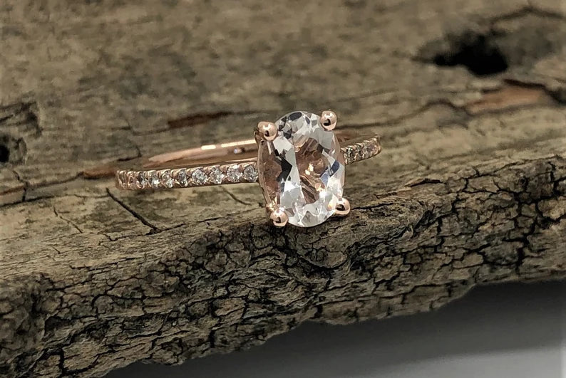 14k Rose Gold Engagement Ring Diamond Ring 7x5mm Oval Cut Morganite Ring Solitaire Ring Wedding Ring Morganite Bridal Ring Unique Ring