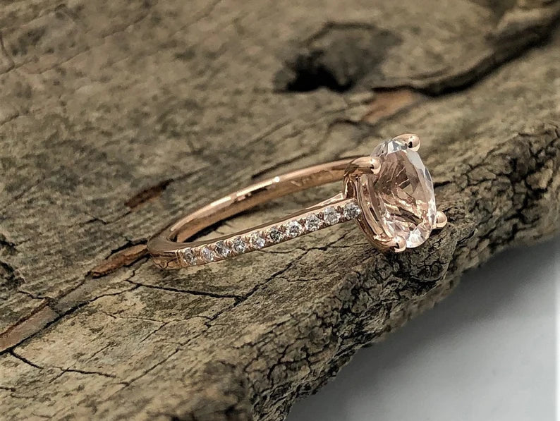 14k Rose Gold Engagement Ring Diamond Ring 7x5mm Oval Cut Morganite Ring Solitaire Ring Wedding Ring Morganite Bridal Ring Unique Ring