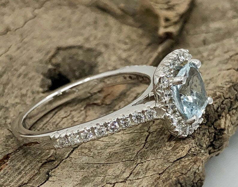 Cushion Engagement Ring 14k White Gold Diamond Ring 7mm/1.40 Carats Cushion Cut Aquamarine Halo Diamond Ring Anniversary Ring