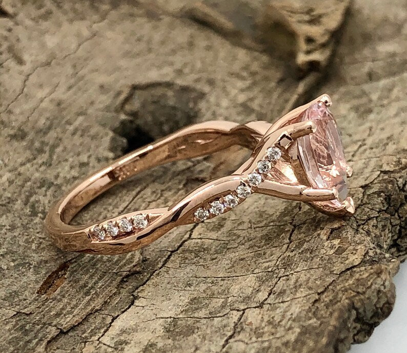 14k Rose Gold Engagement Ring Morganite Ring 9x6mm/1.15 Carats Pear Cut Morganite Twisted Diamond Ring