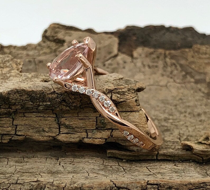 14k Rose Gold Engagement Ring Morganite Ring 9x6mm/1.15 Carats Pear Cut Morganite Twisted Diamond Ring