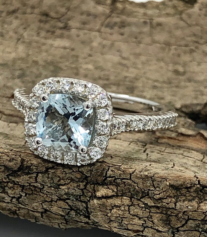 Cushion Engagement Ring 14k White Gold Diamond Ring 7mm/1.40 Carats Cushion Cut Aquamarine Halo Diamond Ring Anniversary Ring