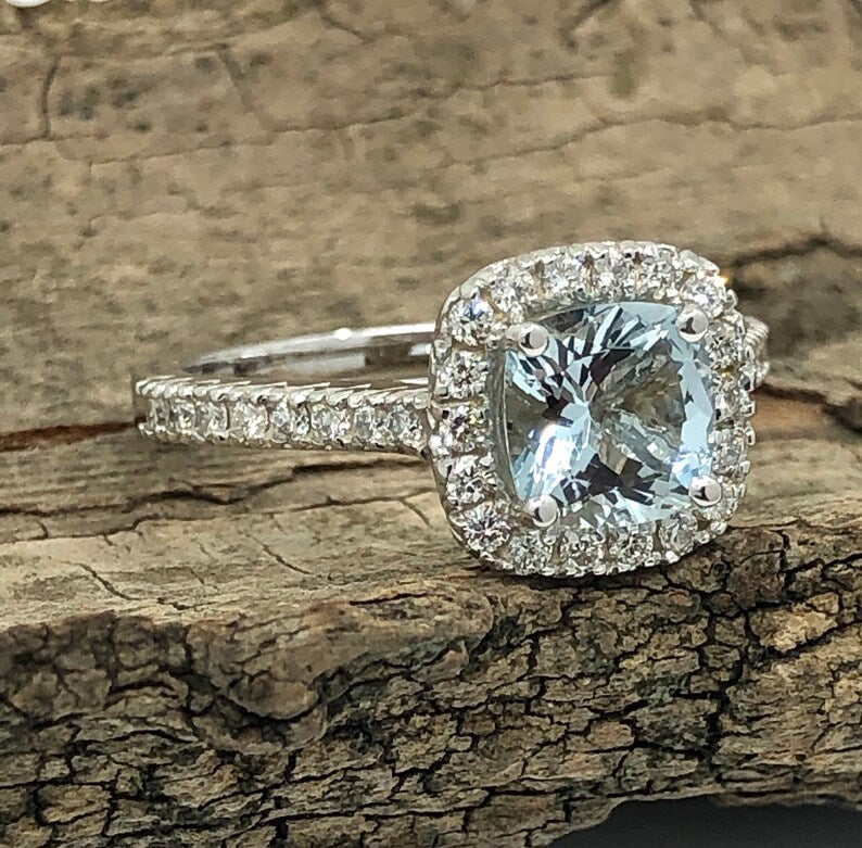 Cushion Engagement Ring 14k White Gold Diamond Ring 7mm/1.40 Carats Cushion Cut Aquamarine Halo Diamond Ring Anniversary Ring