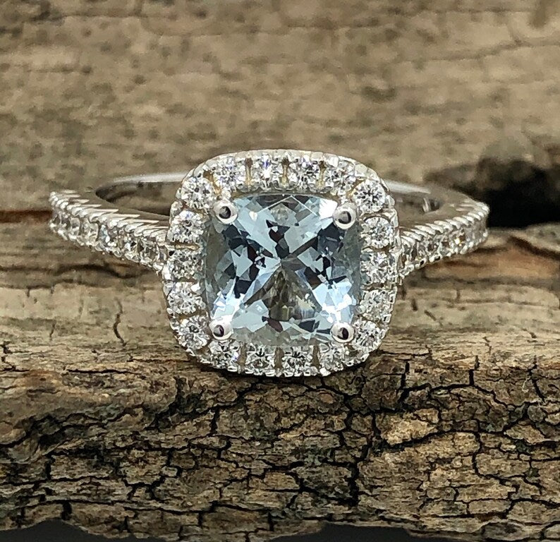 Cushion Engagement Ring 14k White Gold Diamond Ring 7mm/1.40 Carats Cushion Cut Aquamarine Halo Diamond Ring Anniversary Ring