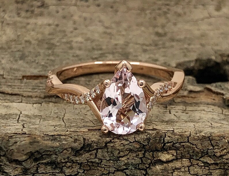 14k Rose Gold Engagement Ring Morganite Ring 9x6mm/1.15 Carats Pear Cut Morganite Twisted Diamond Ring