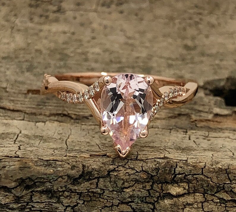 14k Rose Gold Engagement Ring Morganite Ring 9x6mm/1.15 Carats Pear Cut Morganite Twisted Diamond Ring