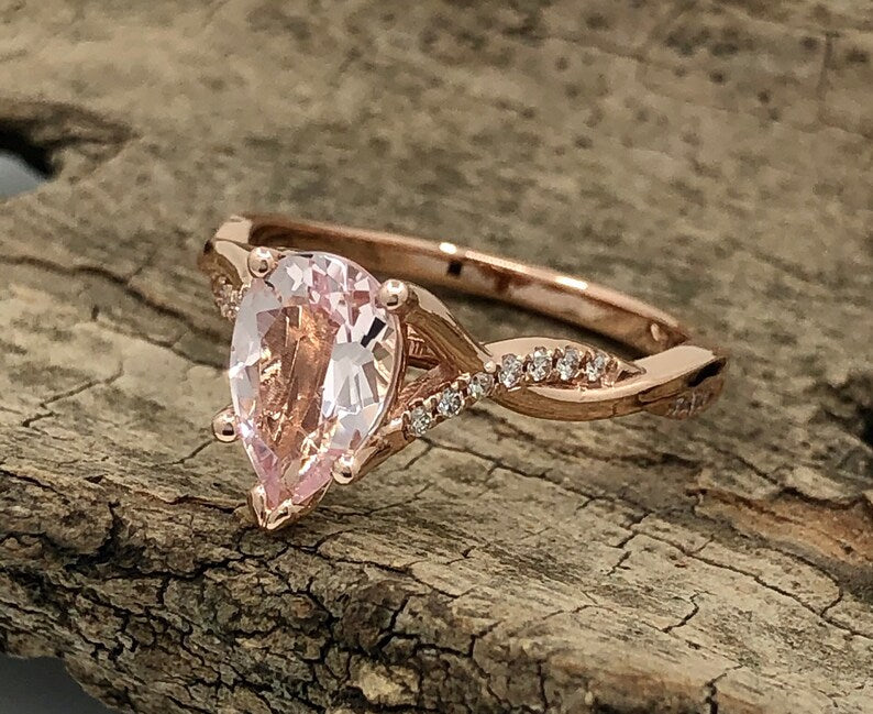 14k Rose Gold Engagement Ring Morganite Ring 9x6mm/1.15 Carats Pear Cut Morganite Twisted Diamond Ring