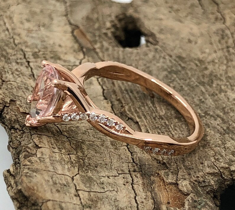 14k Rose Gold Engagement Ring Morganite Ring 9x6mm/1.15 Carats Pear Cut Morganite Twisted Diamond Ring