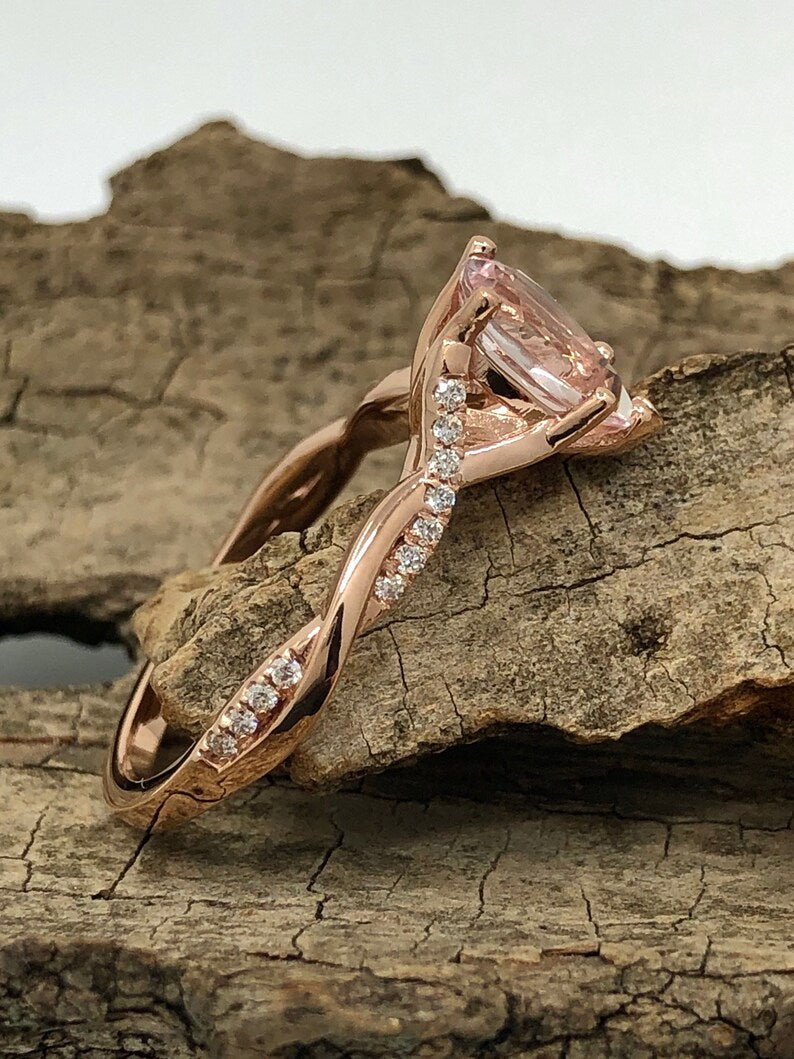 14k Rose Gold Engagement Ring Morganite Ring 9x6mm/1.15 Carats Pear Cut Morganite Twisted Diamond Ring