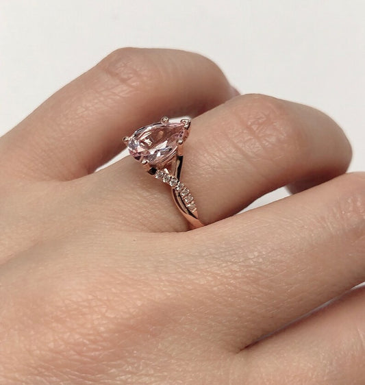 14k Rose Gold Engagement Ring Morganite Ring 9x6mm/1.15 Carats Pear Cut Morganite Twisted Diamond Ring