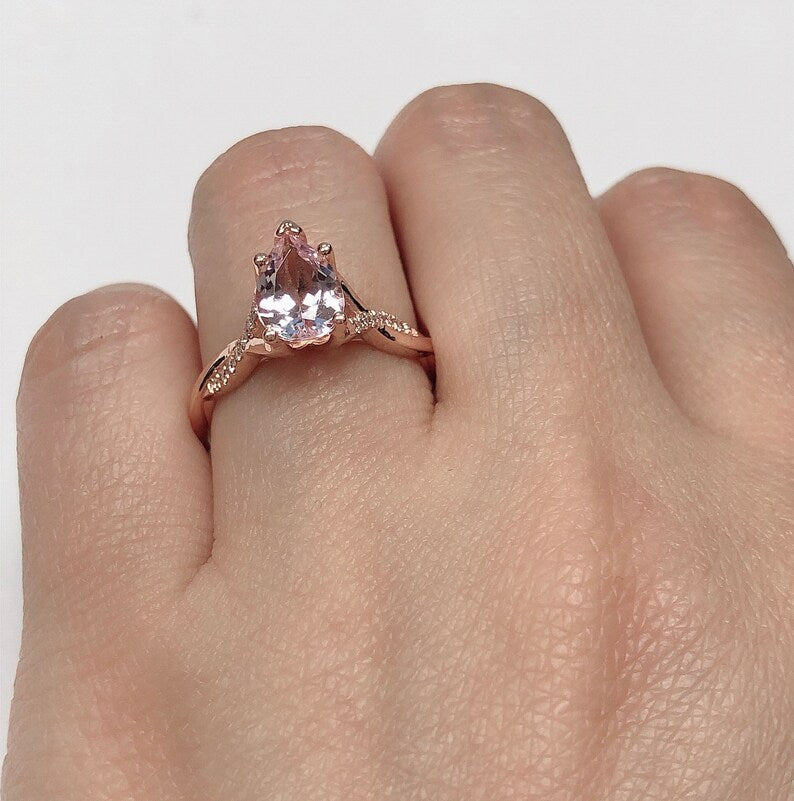 14k Rose Gold Engagement Ring Morganite Ring 9x6mm/1.15 Carats Pear Cut Morganite Twisted Diamond Ring