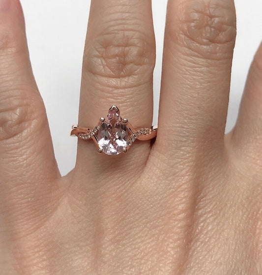 14k Rose Gold Engagement Ring Morganite Ring 9x6mm/1.15 Carats Pear Cut Morganite Twisted Diamond Ring