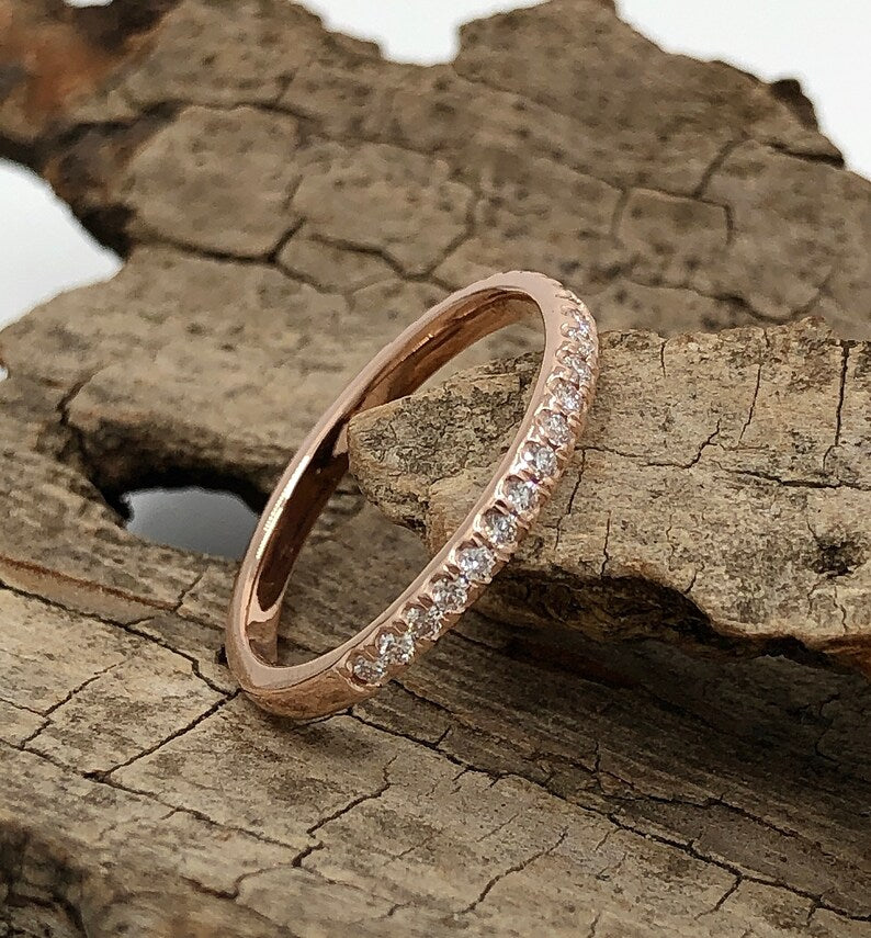 14k Rose Gold Diamond Band, Half Eternity Matching Band, Stackable Band, Promise Ring Wedding Band, Diamond Band