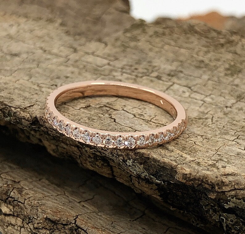 14k Rose Gold Diamond Band, Half Eternity Matching Band, Stackable Band, Promise Ring Wedding Band, Diamond Band