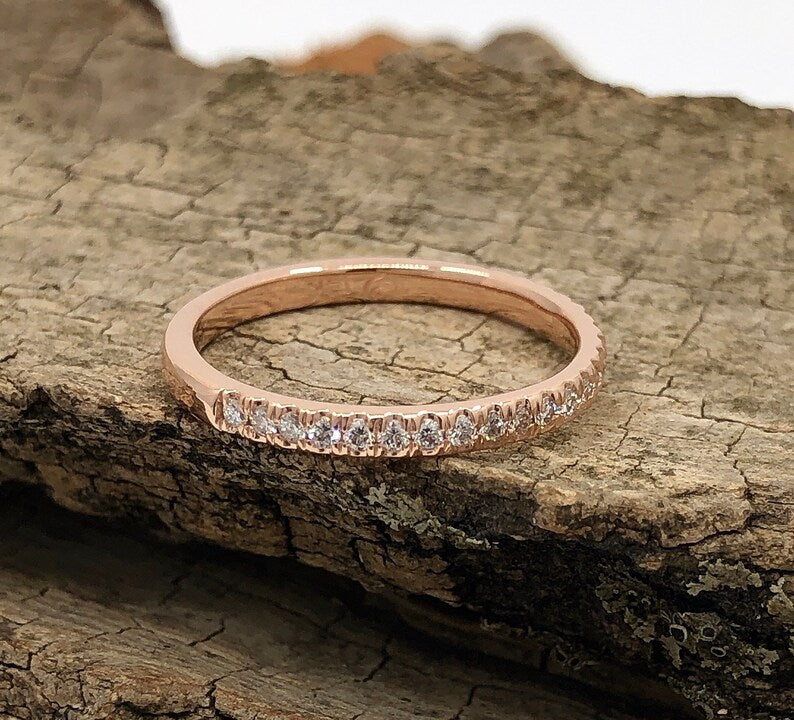 14k Rose Gold Diamond Band, Half Eternity Matching Band, Stackable Band, Promise Ring Wedding Band, Diamond Band