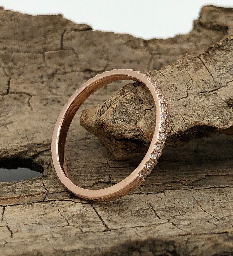 14k Rose Gold Diamond Band, Half Eternity Matching Band, Stackable Band, Promise Ring Wedding Band, Diamond Band