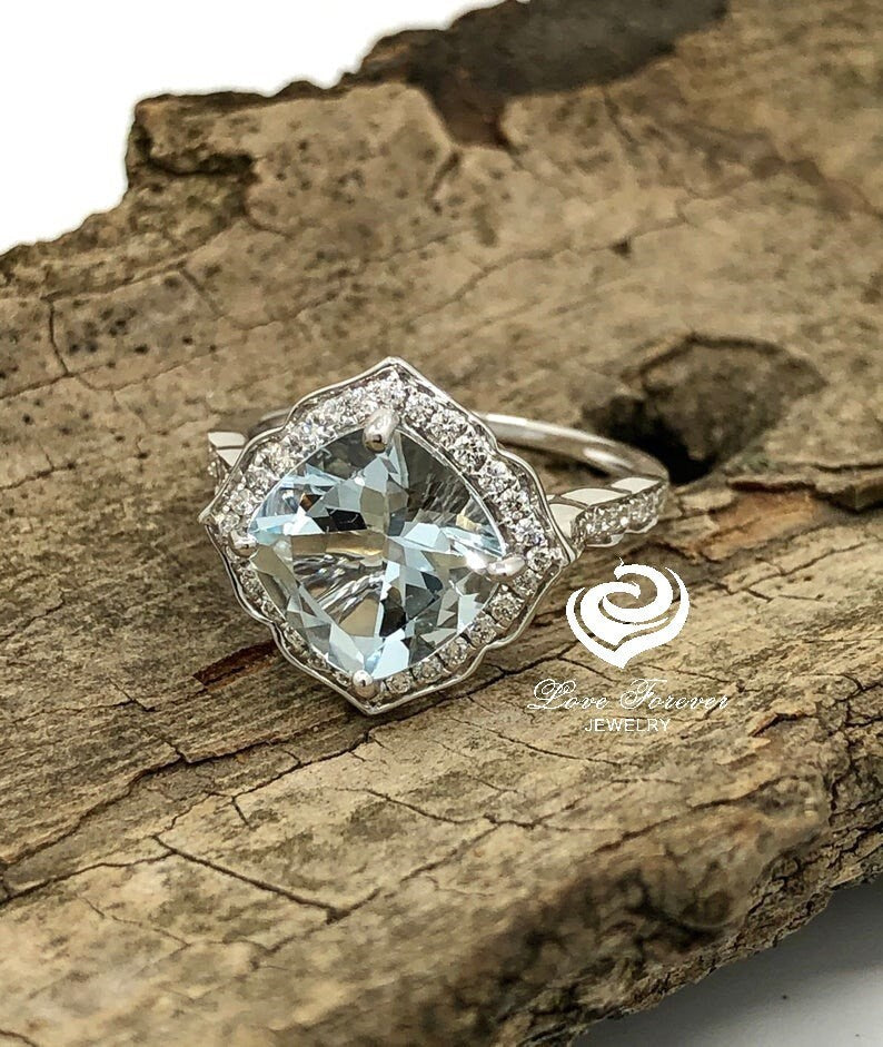 14k White Gold Engagement Ring Aquamarine Ring 9mm/2.9 Carats Cushion Cut Aquamarine Halo Diamond Ring Promise Ring Anniversary Ring