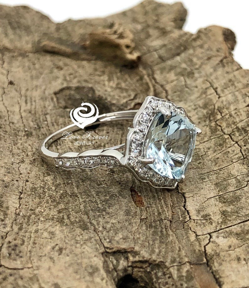 14k White Gold Engagement Ring Aquamarine Ring 9mm/2.9 Carats Cushion Cut Aquamarine Halo Diamond Ring Promise Ring Anniversary Ring