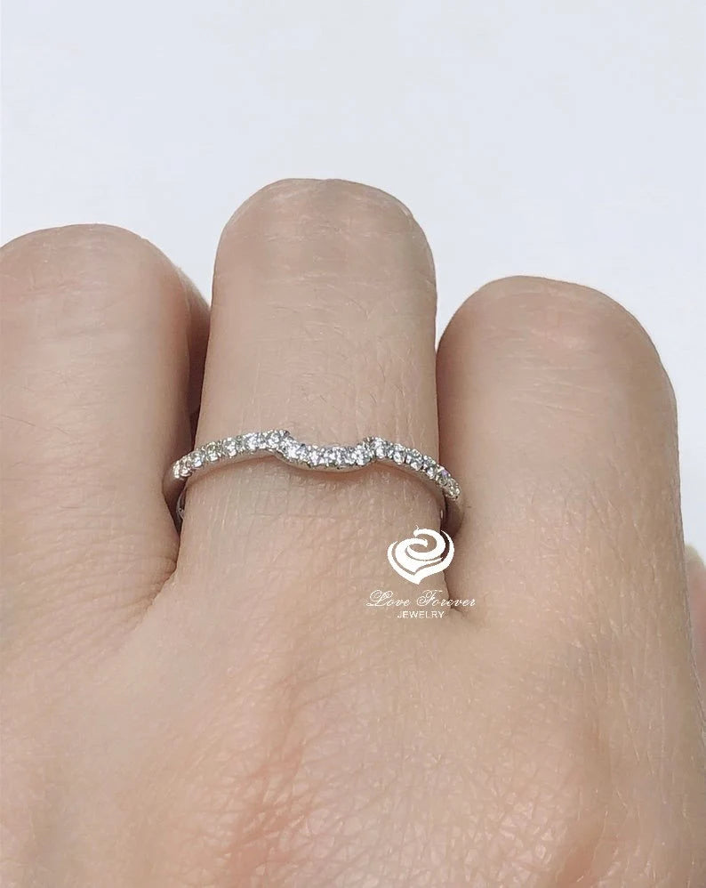 14k White Gold Diamond Band Diamond Ring Wedding Band 0.15 Carats Half Curved Eternity Diamond Stackable Band Anniversary Ring