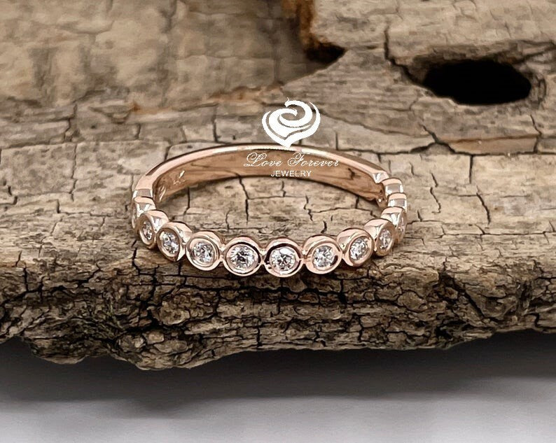 Diamond Wedding Band 14K Rose Gold, Half Eternity Band, Diamond Wedding Band, Moissanite Band, Stacking Band, Stacking Bands