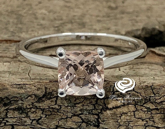 14k White Gold Engagement Ring Morganite Ring 7mm Cushion Cut Morganite Solitaire Ring Anniversary Ring