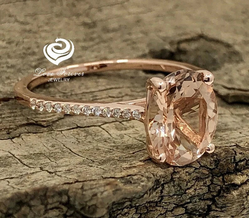 Engagement Ring 14k Rose Gold Diamond Ring 10x8mm/2.15 Carats Oval Cut Morganite Ring Diamond Wedding Ring