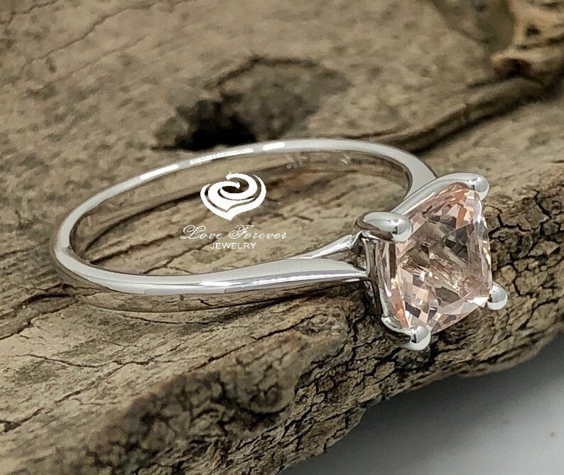 14k White Gold Engagement Ring Morganite Ring 7mm Cushion Cut Morganite Solitaire Ring Anniversary Ring