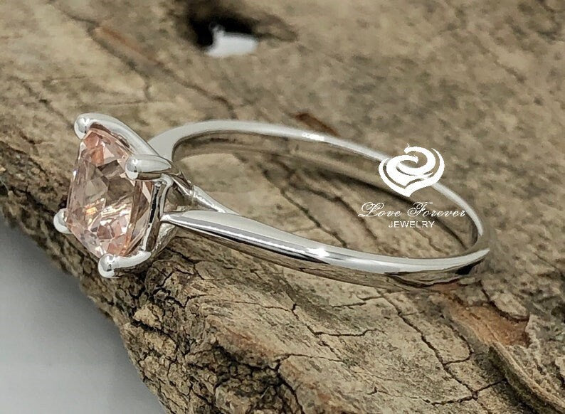 14k White Gold Engagement Ring Morganite Ring 7mm Cushion Cut Morganite Solitaire Ring Anniversary Ring