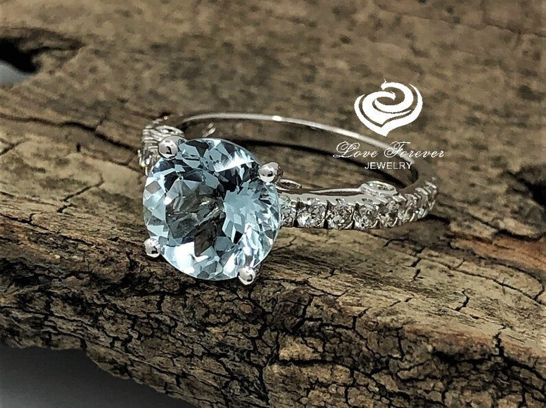 14k White Gold Engagement Ring Aquamarine Ring 8mm/1.85 Carats Round Cut Aquamarine Diamond Ring Anniversary Ring Wedding Ring