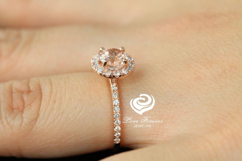 14k Rose Gold Diamond Ring Morganite Ring 6mm Round Cut Morganite Halo Diamond Engagement Ring Anniversary Ring