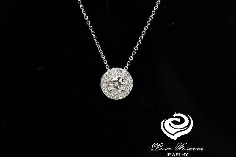 14k White Gold Pendant Necklace Certified 5.5mm Round Cut Forever One Moissanite Diamond Double Halo Design, with 16" Chain Or 18 inch Chain