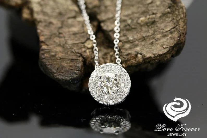 14k White Gold Pendant Necklace Certified 5.5mm Round Cut Forever One Moissanite Diamond Double Halo Design, with 16" Chain Or 18 inch Chain