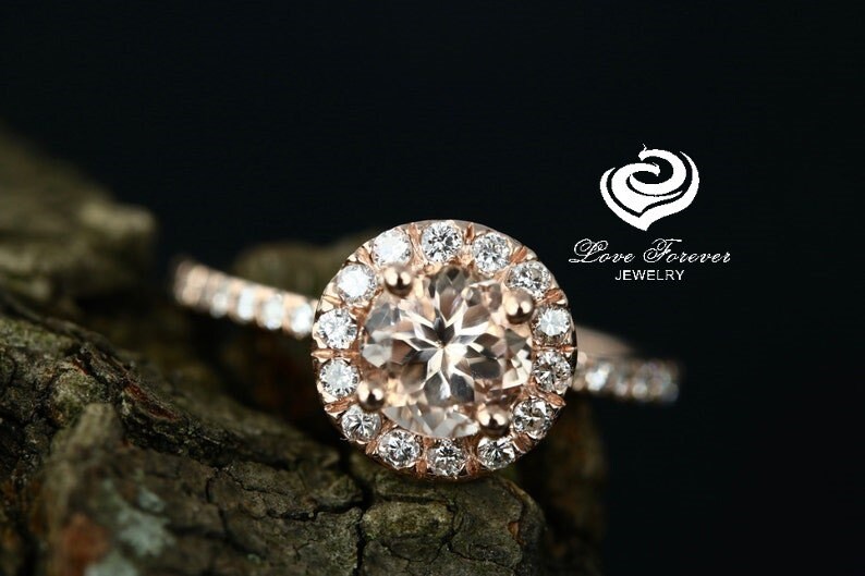 14k Rose Gold Diamond Ring Morganite Ring 6mm Round Cut Morganite Halo Diamond Engagement Ring Anniversary Ring