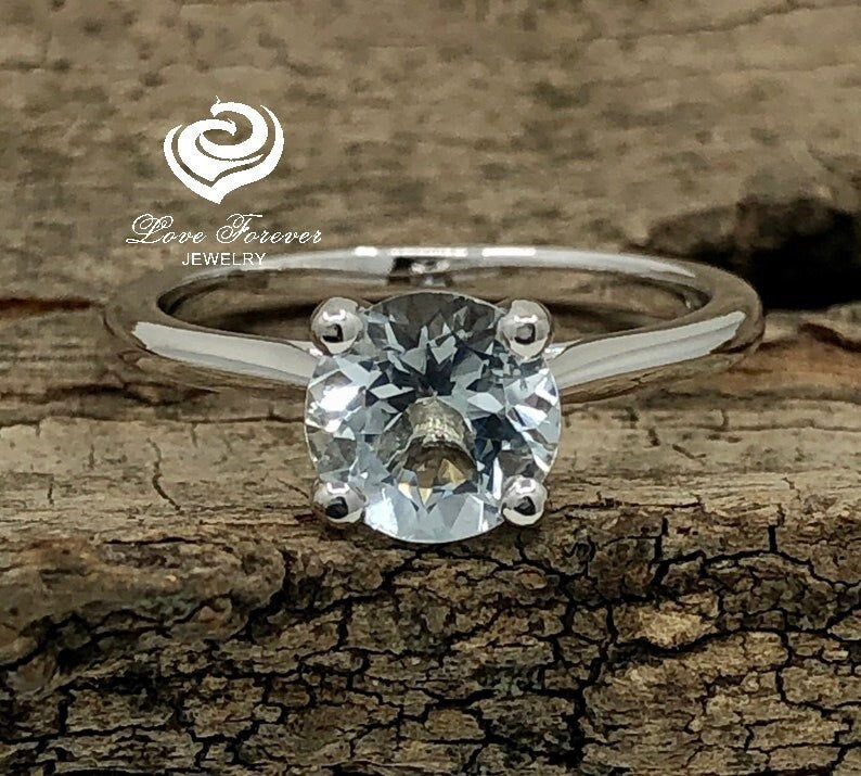 14k White Gold Engagement Ring Aquamarine Ring 7mm/1.10 Carats Round Cut Aquamarine Solitaire Ring Anniversary Ring Wedding Ring