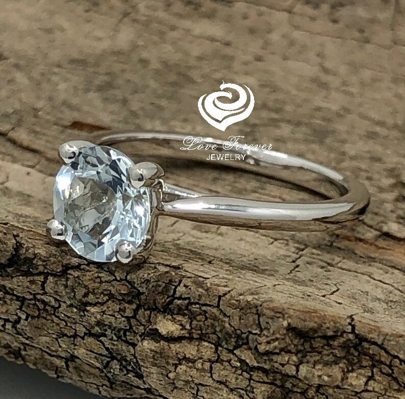 14k White Gold Engagement Ring Aquamarine Ring 7mm/1.10 Carats Round Cut Aquamarine Solitaire Ring Anniversary Ring Wedding Ring