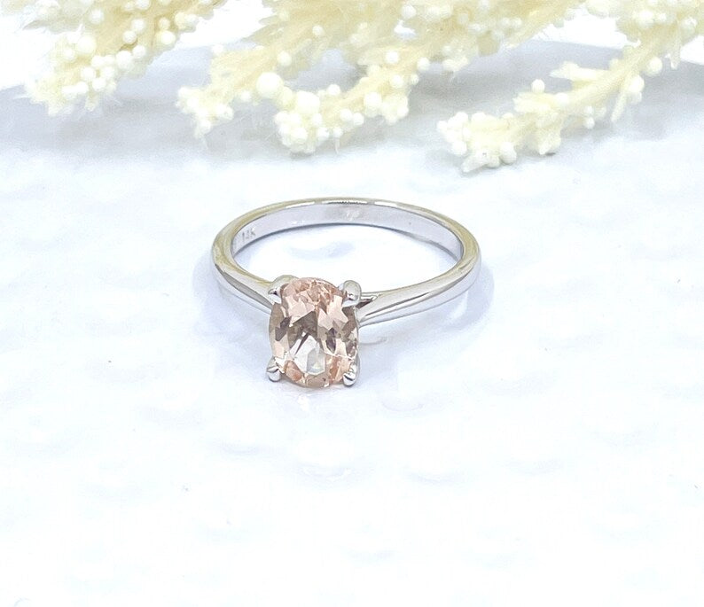 14k White Gold Solitaire Ring Engagement Ring Morganite Ring 8x6mm Oval Cut Morganite Wedding Ring Anniversary Ring